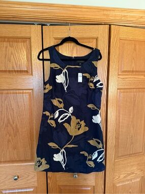 Banana Republic Navy Floral Sheath Dress with Gold & Cream Embroidery